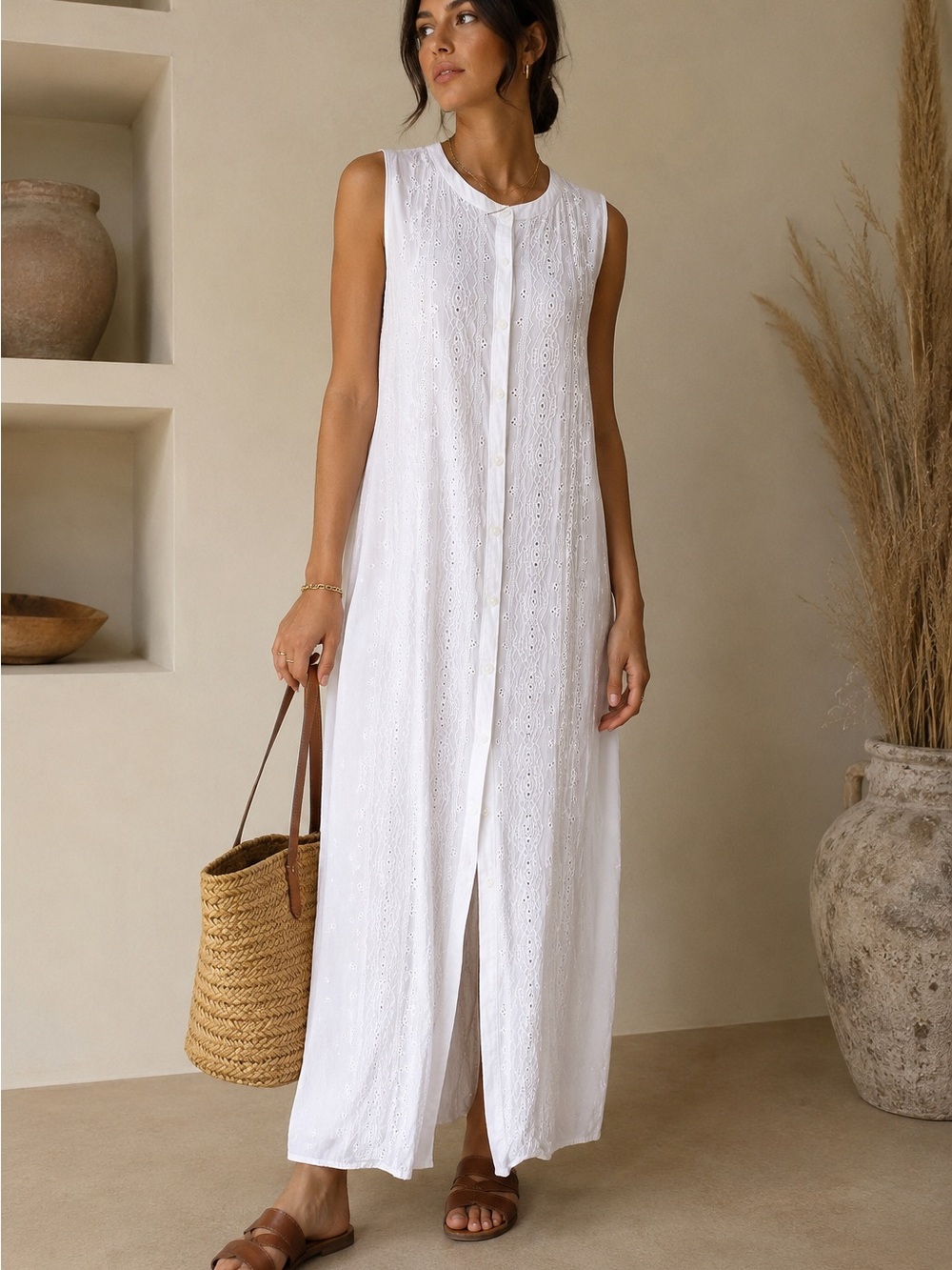 Oysho White Embroidered Eyelet Maxi Dress Sleeveless 100% Viscose Resort Cover L